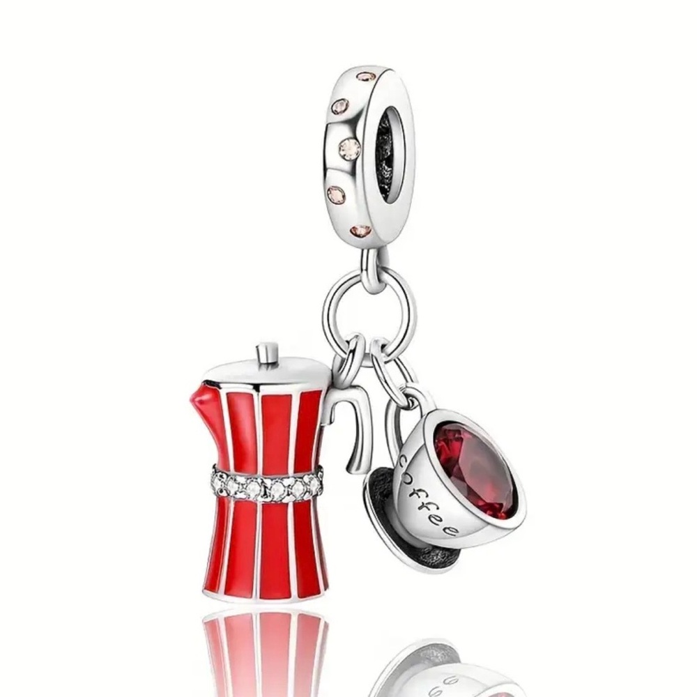 Silver and Red Coffee Cup & Creamer Charm Pendant